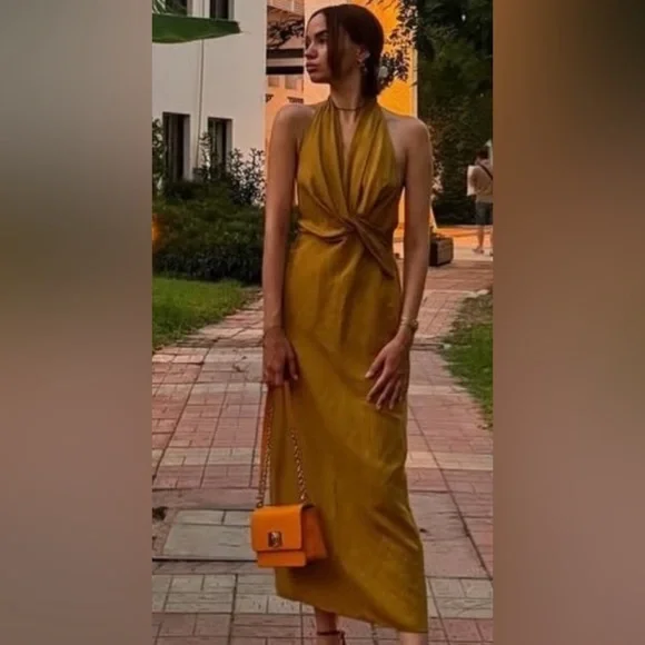 🌺ZARA NWT LINEN 2024 COLLECTION HALTER DRESS ZW COLLECTION Small - Picture 2 of 11